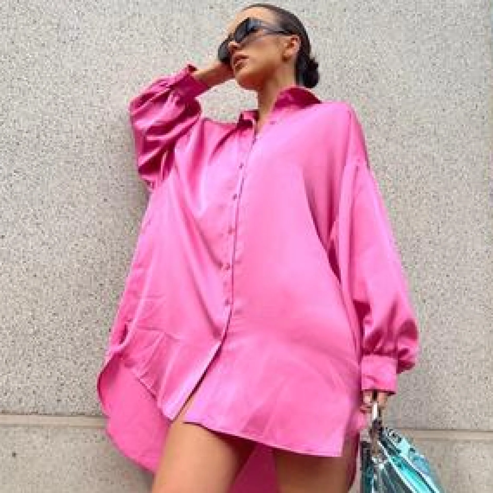 Glamorous Go To Partywear|Day Dresses|Pink Sateen Oversized Mini Shirt-Dress -
