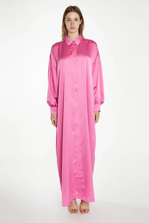 Glamorous Satin Dresses|Maxi Dresses|Pink Satin Oversized Maxi Shirt Dress -