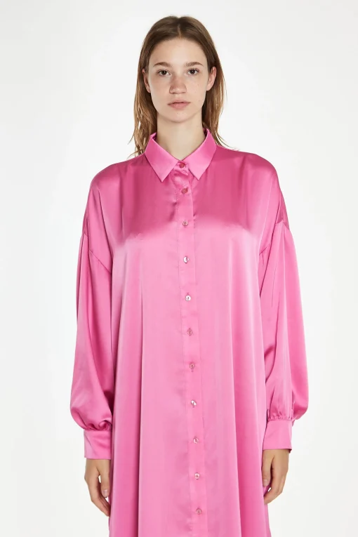 Glamorous Satin Dresses|Maxi Dresses|Pink Satin Oversized Maxi Shirt Dress -