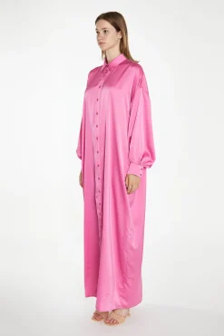 Glamorous Satin Dresses|Maxi Dresses|Pink Satin Oversized Maxi Shirt Dress -
