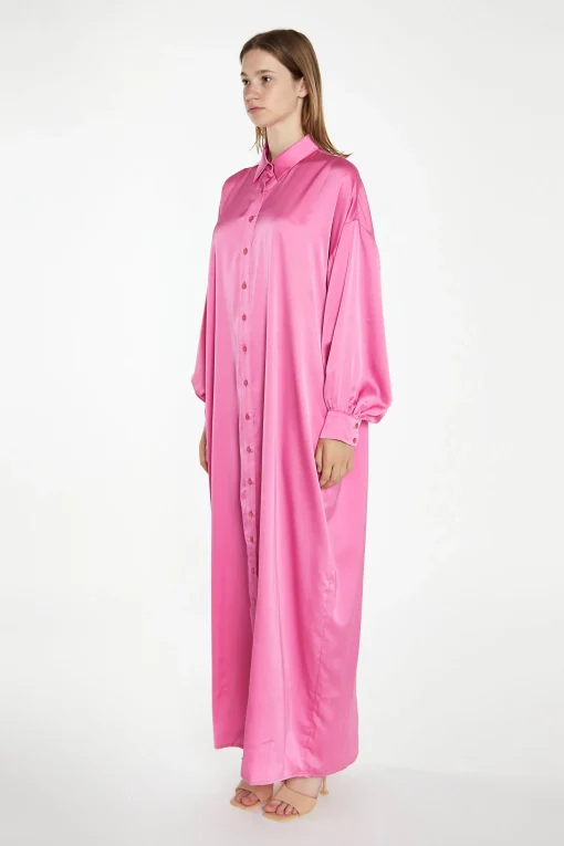Glamorous Satin Dresses|Maxi Dresses|Pink Satin Oversized Maxi Shirt Dress -
