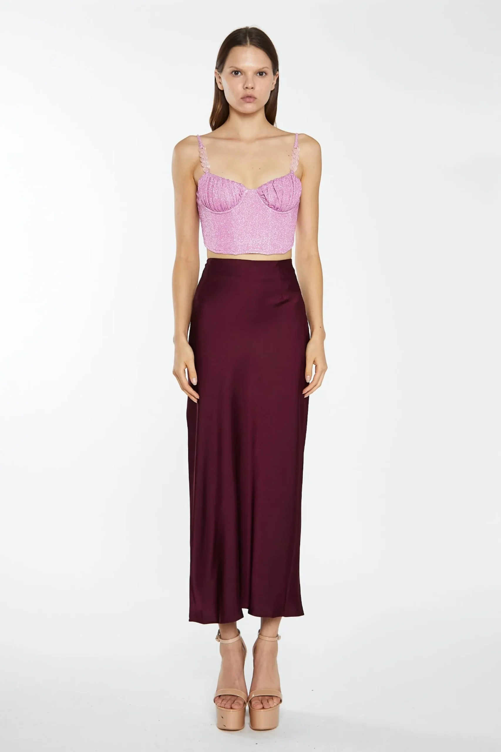 Glamorous Going Out Tops|Go To Partywear|Pink Silver-Glitter Chain-Strap Corset Crop-Top -