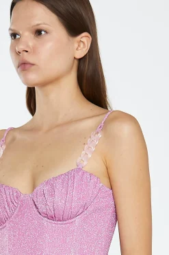 Glamorous Going Out Tops|Go To Partywear|Pink Silver-Glitter Chain-Strap Corset Crop-Top -