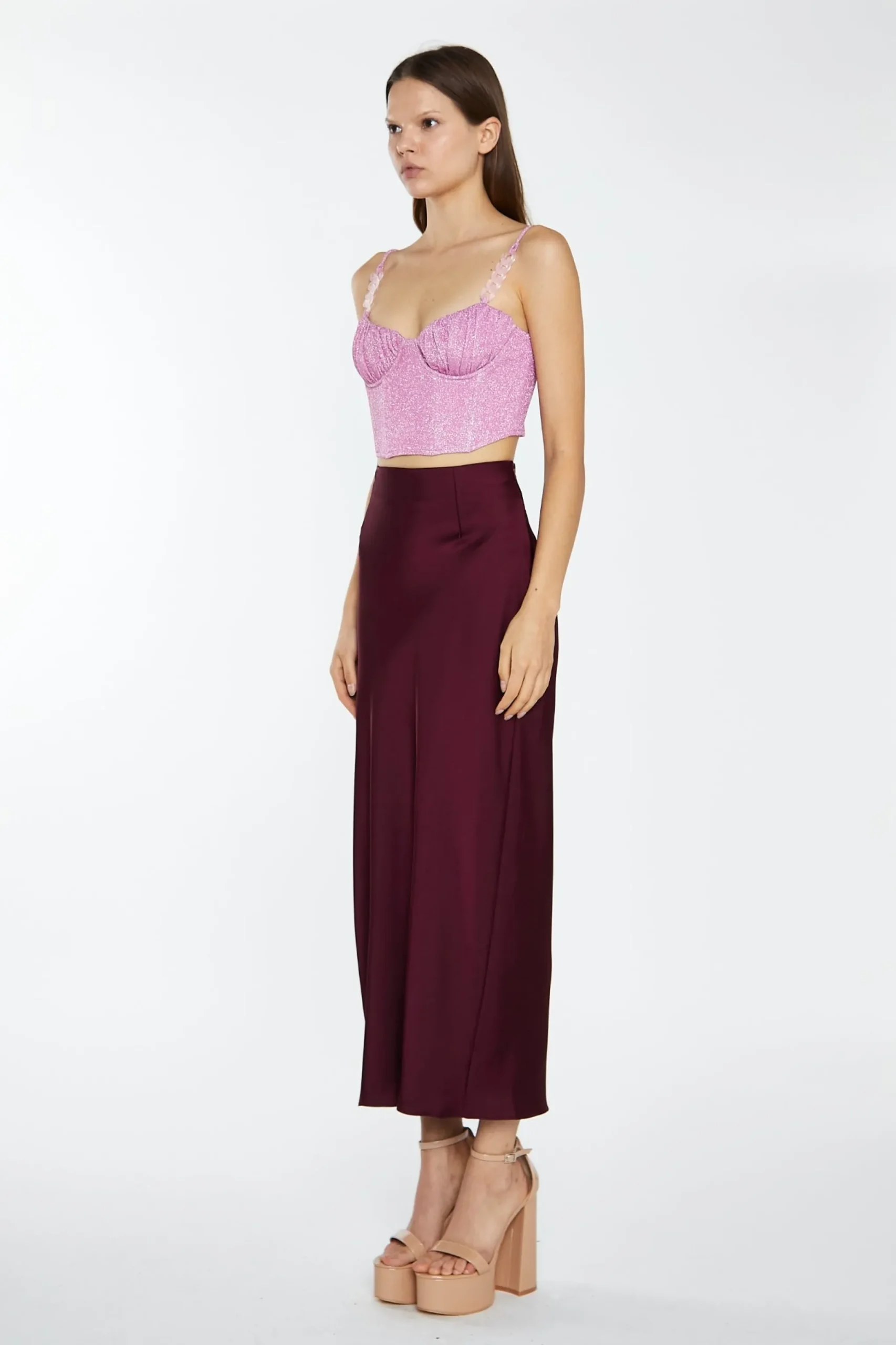 Glamorous Going Out Tops|Go To Partywear|Pink Silver-Glitter Chain-Strap Corset Crop-Top -