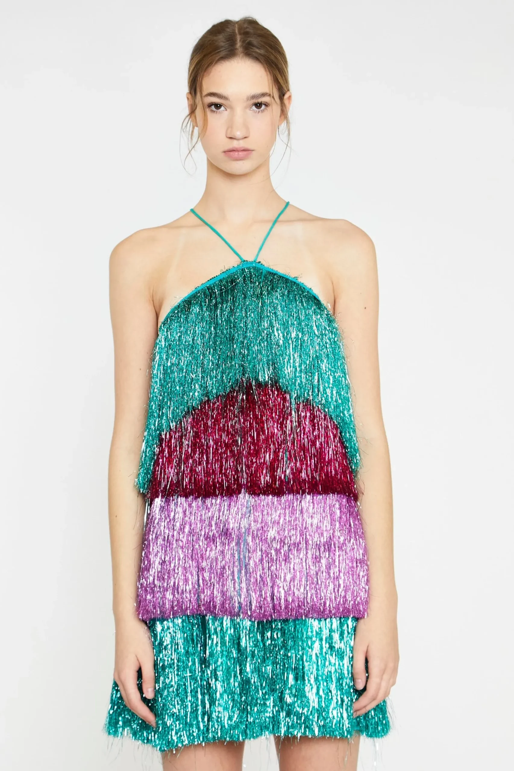 Glamorous Go To Partywear|Party Dresses|Pink Teal Purple Tinsel Fringe Halterneck Mini-Dress -