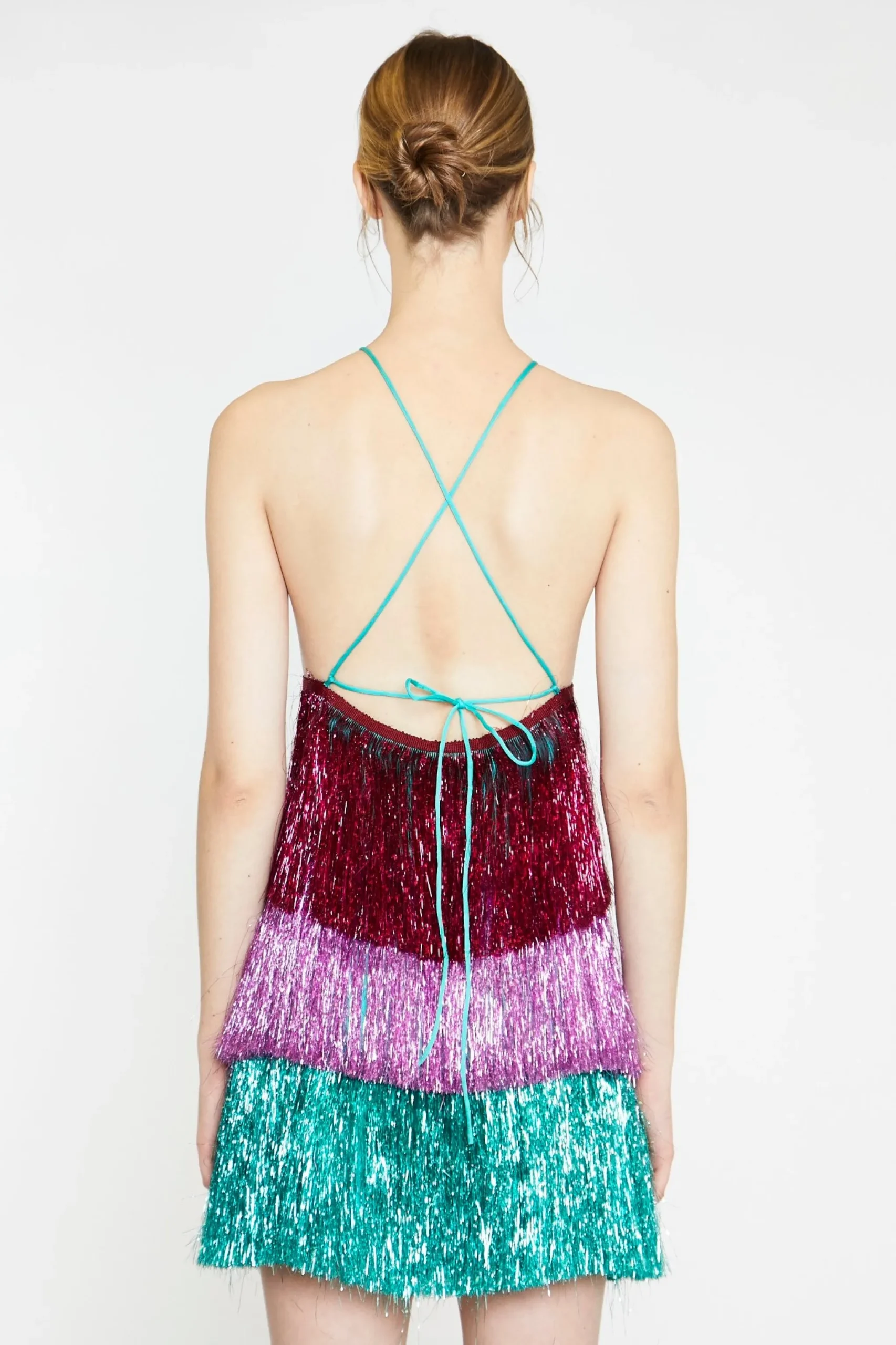 Glamorous Go To Partywear|Party Dresses|Pink Teal Purple Tinsel Fringe Halterneck Mini-Dress -