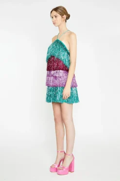 Glamorous Go To Partywear|Party Dresses|Pink Teal Purple Tinsel Fringe Halterneck Mini-Dress -