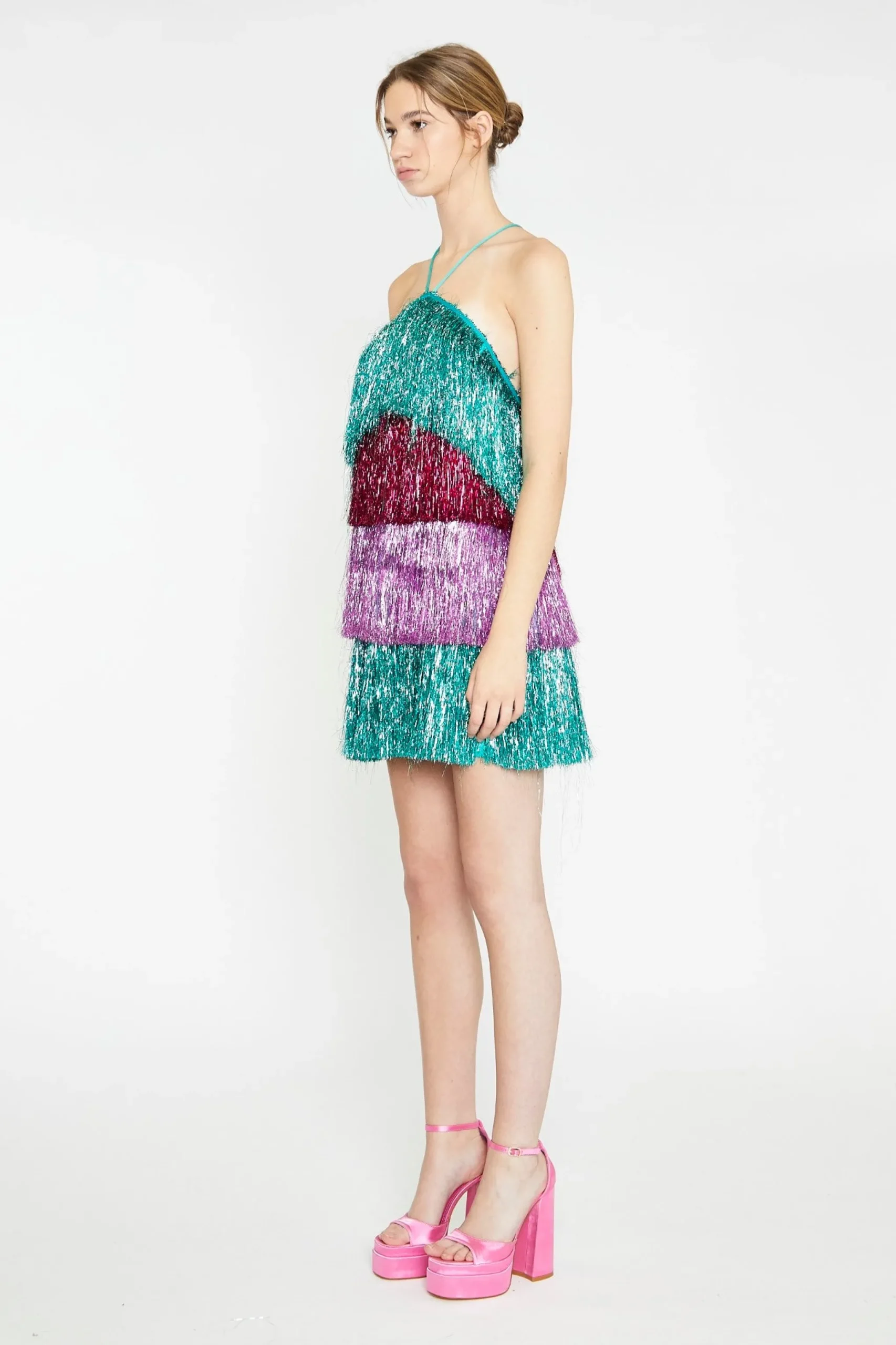 Glamorous Go To Partywear|Party Dresses|Pink Teal Purple Tinsel Fringe Halterneck Mini-Dress -