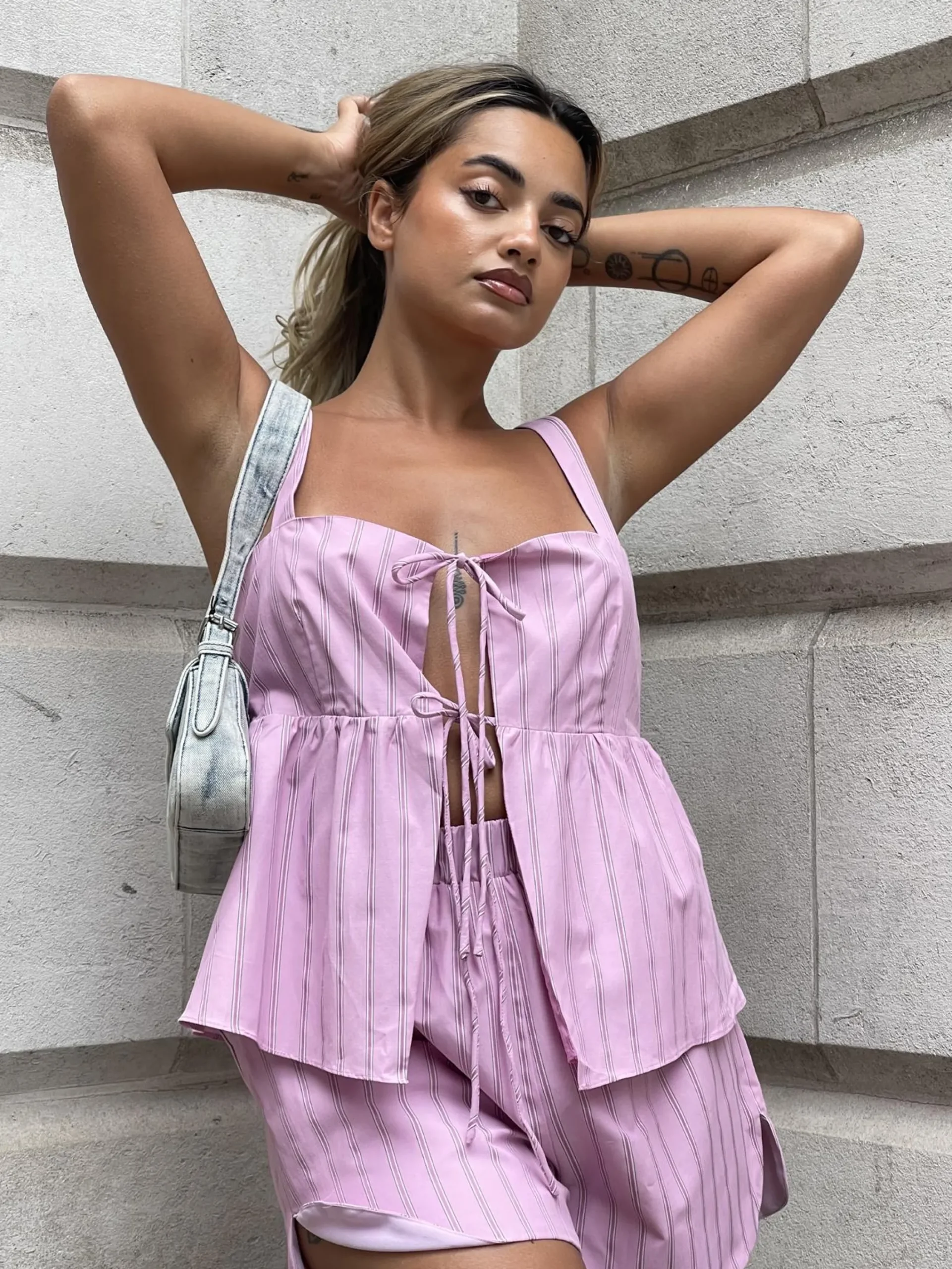 Glamorous Co-ords|Woven Shorts|Pink Vertical-Stripe Side Split Shorts -