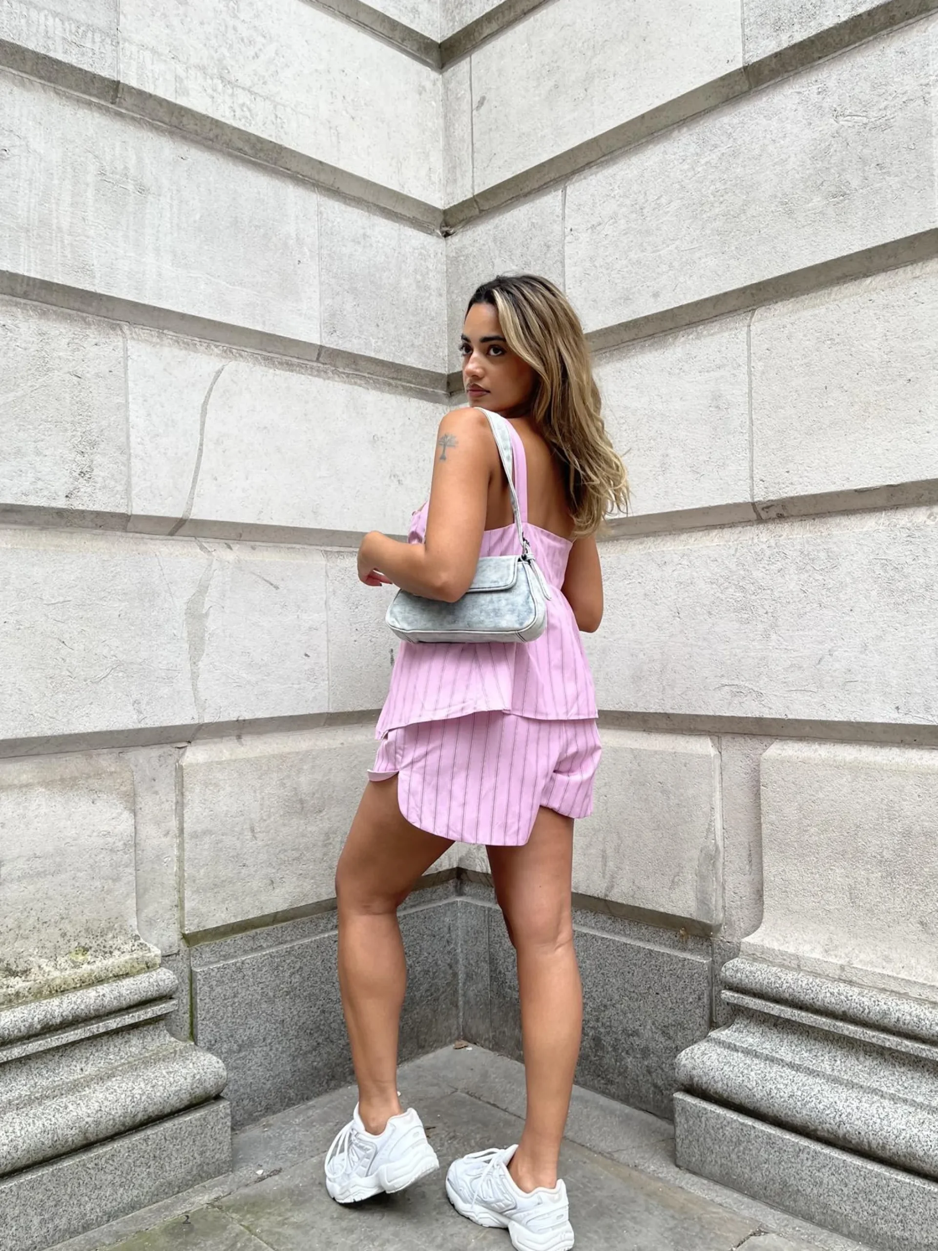 Glamorous Co-ords|Woven Shorts|Pink Vertical-Stripe Side Split Shorts -