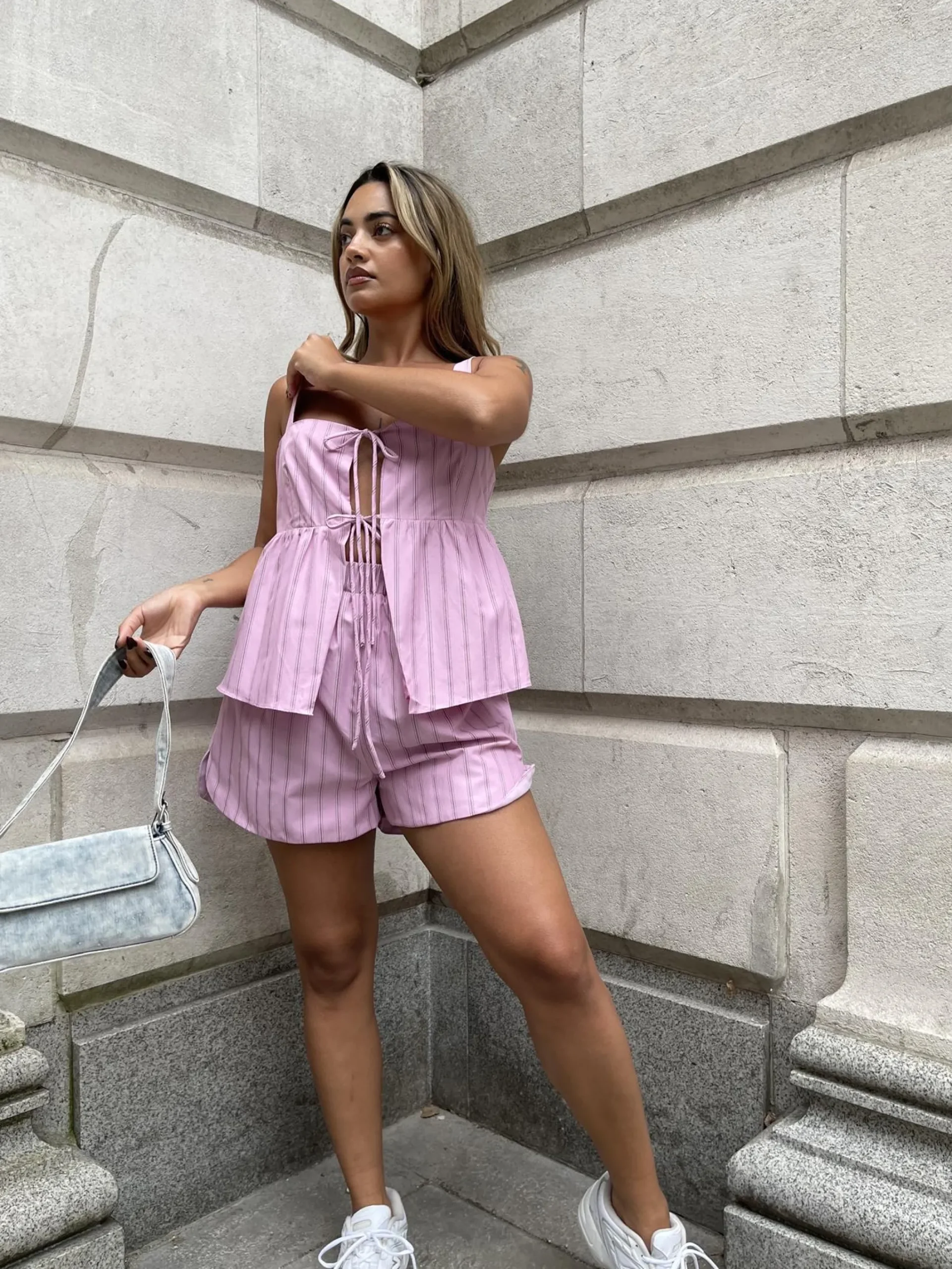 Glamorous Co-ords|Woven Shorts|Pink Vertical-Stripe Side Split Shorts -