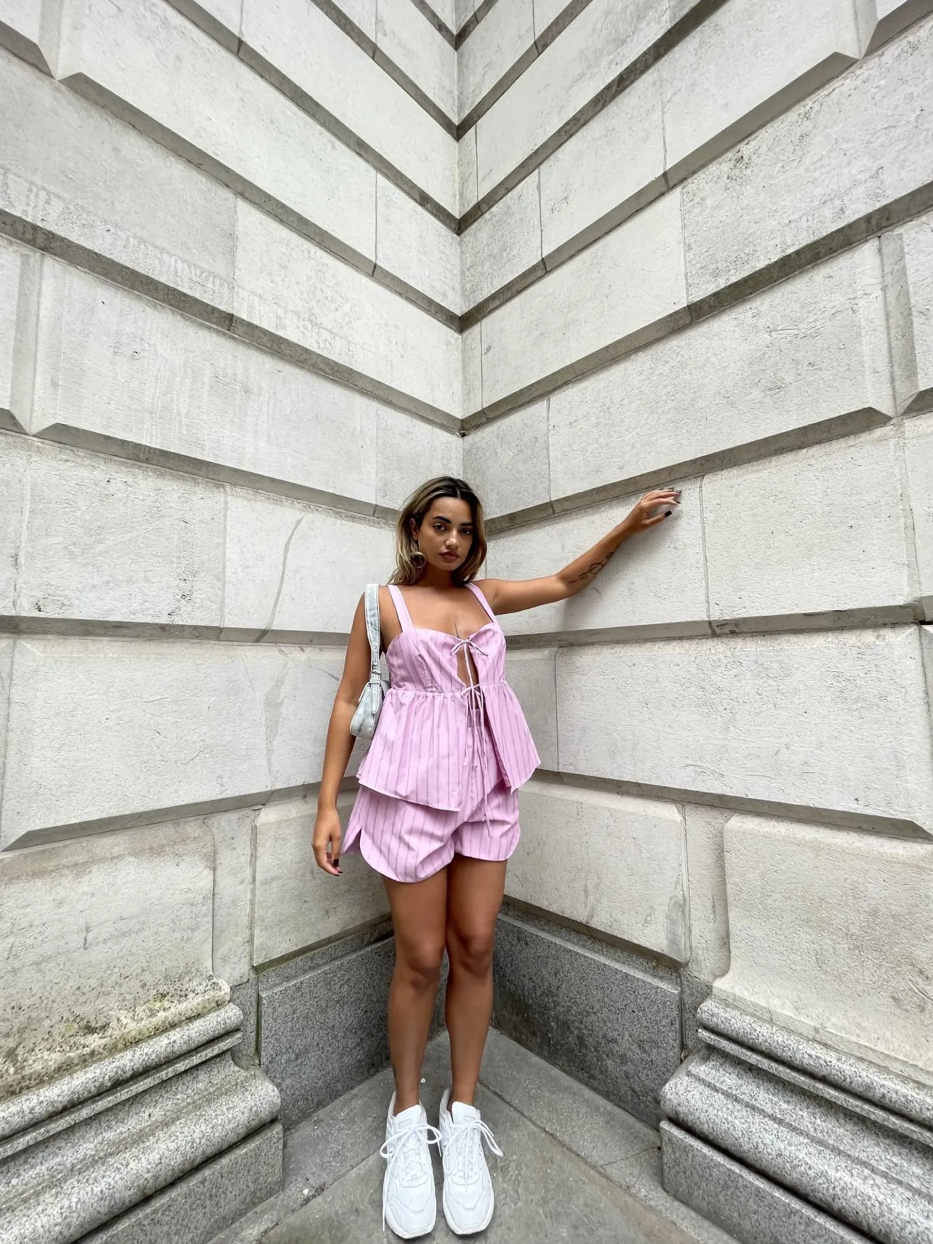 Glamorous Co-ords|Woven Shorts|Pink Vertical-Stripe Side Split Shorts -