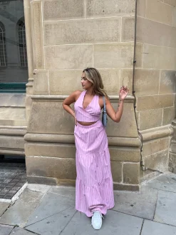 Glamorous Chic Escapes|Co-ords|Pink Vertical-Stripe Tiered Maxi-Skirt -