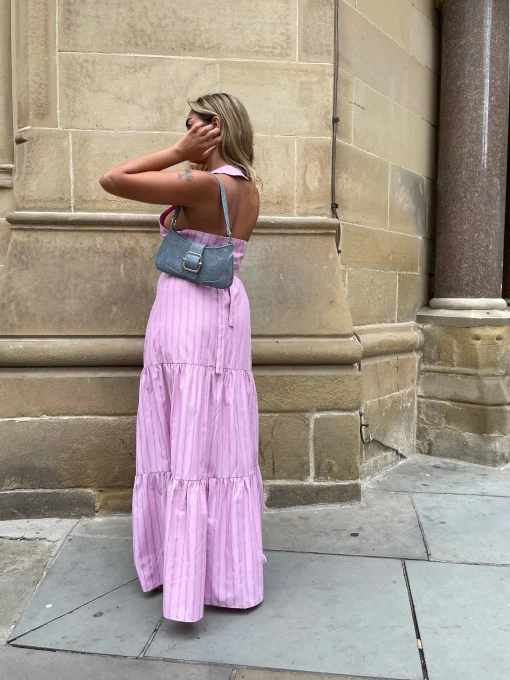 Glamorous Chic Escapes|Co-ords|Pink Vertical-Stripe Tiered Maxi-Skirt -