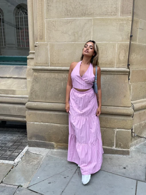 Glamorous Chic Escapes|Co-ords|Pink Vertical-Stripe Tiered Maxi-Skirt -