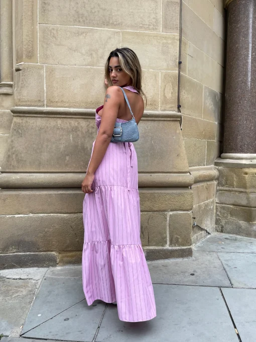 Glamorous Chic Escapes|Co-ords|Pink Vertical-Stripe Tiered Maxi-Skirt -