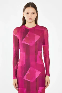 Glamorous Day Dresses|Maxi Dresses|Pink-Block Mesh Crew-Neck Bodycon Maxi-Dress -