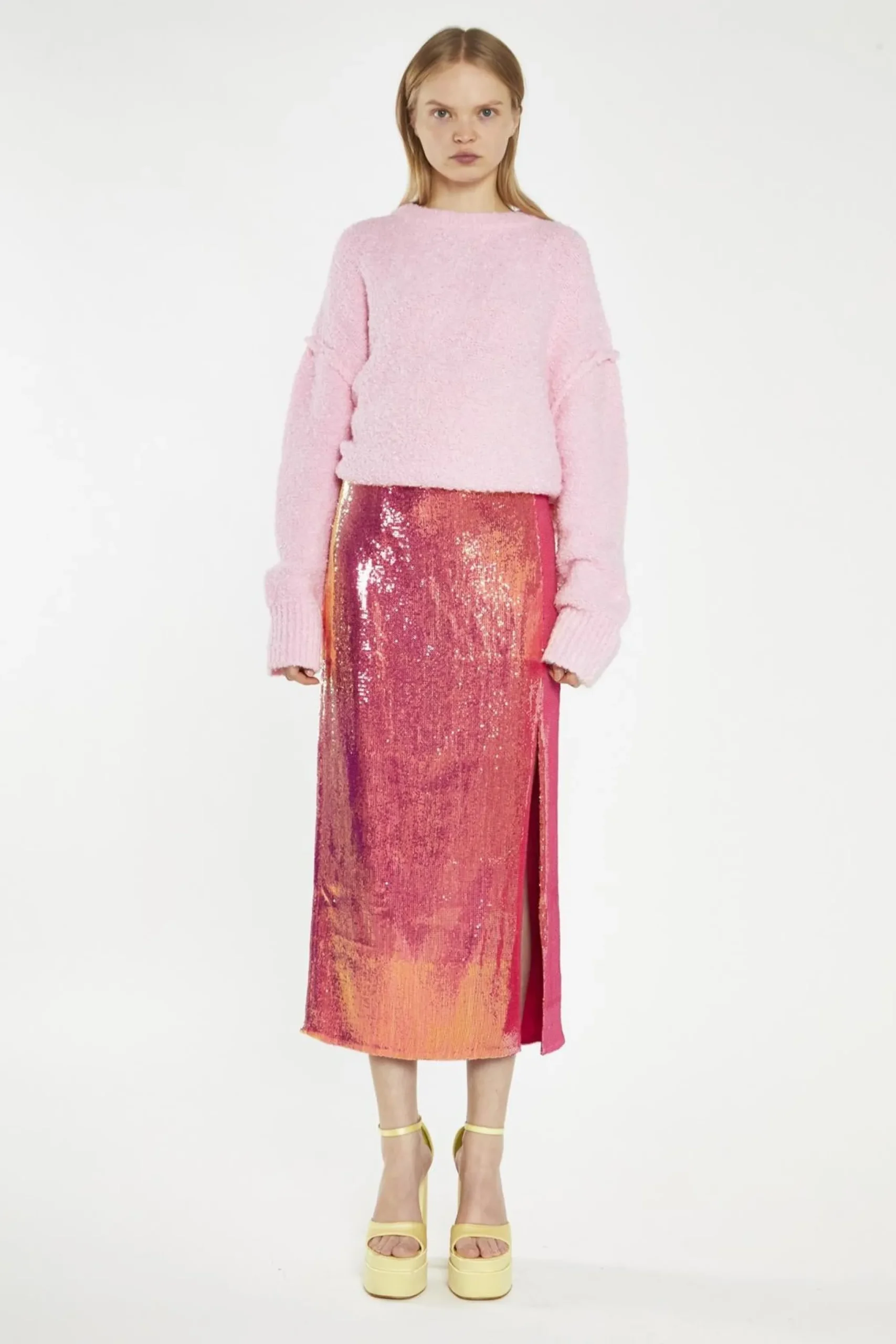 Glamorous Going Out Skirts|Midi & Midaxi Skirts|Pink-Gold Sequin Side-Split Midi-Skirt -