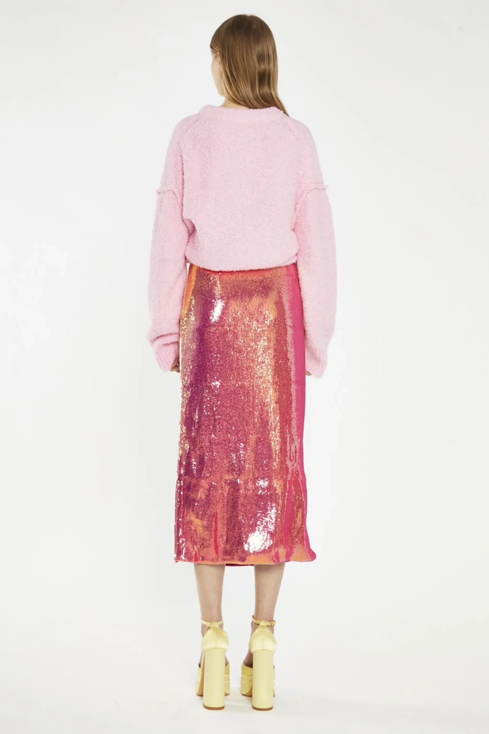 Glamorous Going Out Skirts|Midi & Midaxi Skirts|Pink-Gold Sequin Side-Split Midi-Skirt -