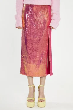 Glamorous Going Out Skirts|Midi & Midaxi Skirts|Pink-Gold Sequin Side-Split Midi-Skirt -