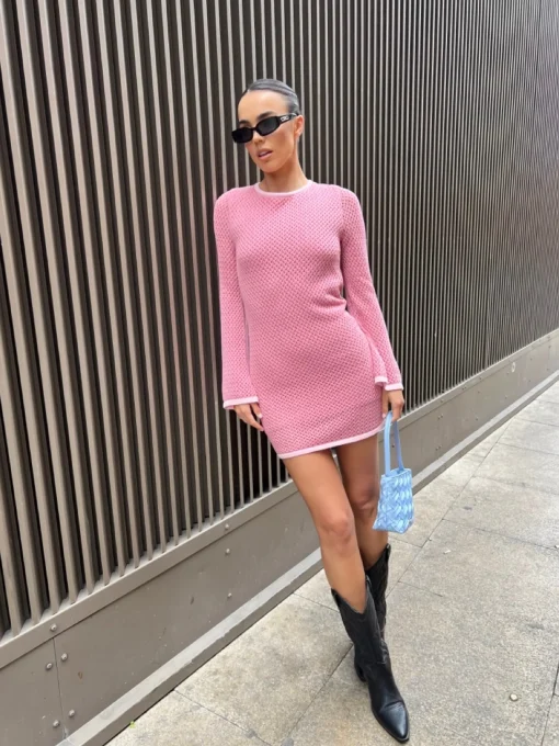 Glamorous Day Dresses|Knitted Dresses|Pink-Light-Pink Knit Open-Back Mini-Dress -
