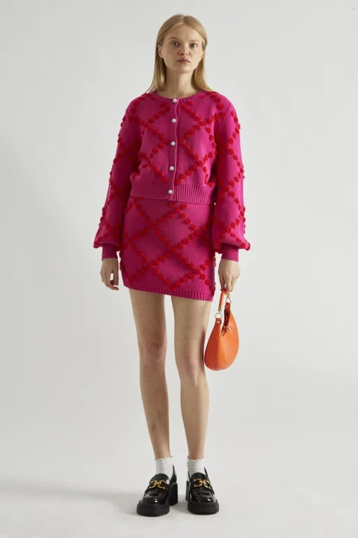Glamorous Co-ords|Knitted Co-ords|Pink-Red Bobble-Knit Mini-Skirt -