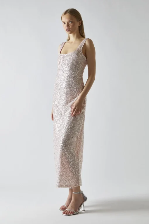 Glamorous Party Dresses|Going Out Dresses|Pink-Silver Sequin Square-Neck Bias-Cut Midaxi-Dress -