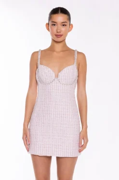 Glamorous Day Dresses|Party Dresses|Pink-White Tweed Diamante Trim Mini-Dress -