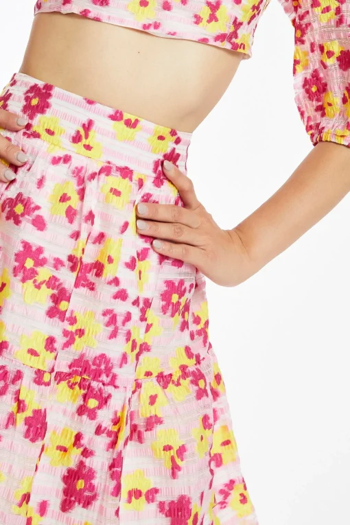 Glamorous Best Dressed Guest|Co-ords|Pink-Yellow Organza Gathered Tiered Midi-Skirt -