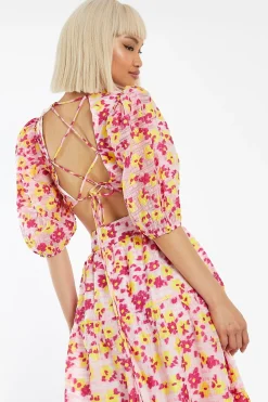 Glamorous Best Dressed Guest|Going Out Tops|Pink-Yellow Organza Lace-Up Back Puff Sleeve Crop-Top -
