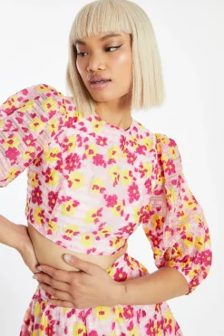 Glamorous Best Dressed Guest|Going Out Tops|Pink-Yellow Organza Lace-Up Back Puff Sleeve Crop-Top -