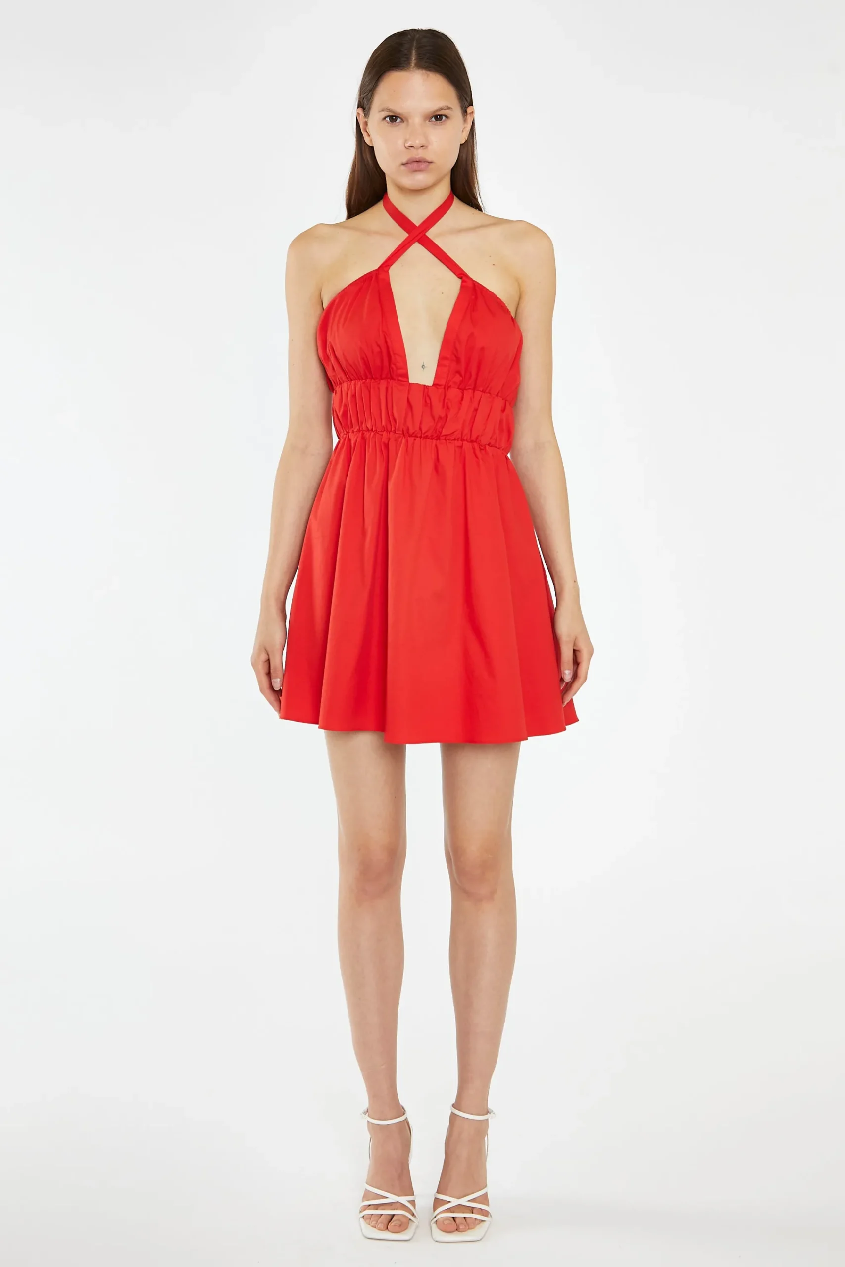 Glamorous Chic Escapes|Day Dresses|Poppy-Red Cross Over Halterneck Mini-Dress -