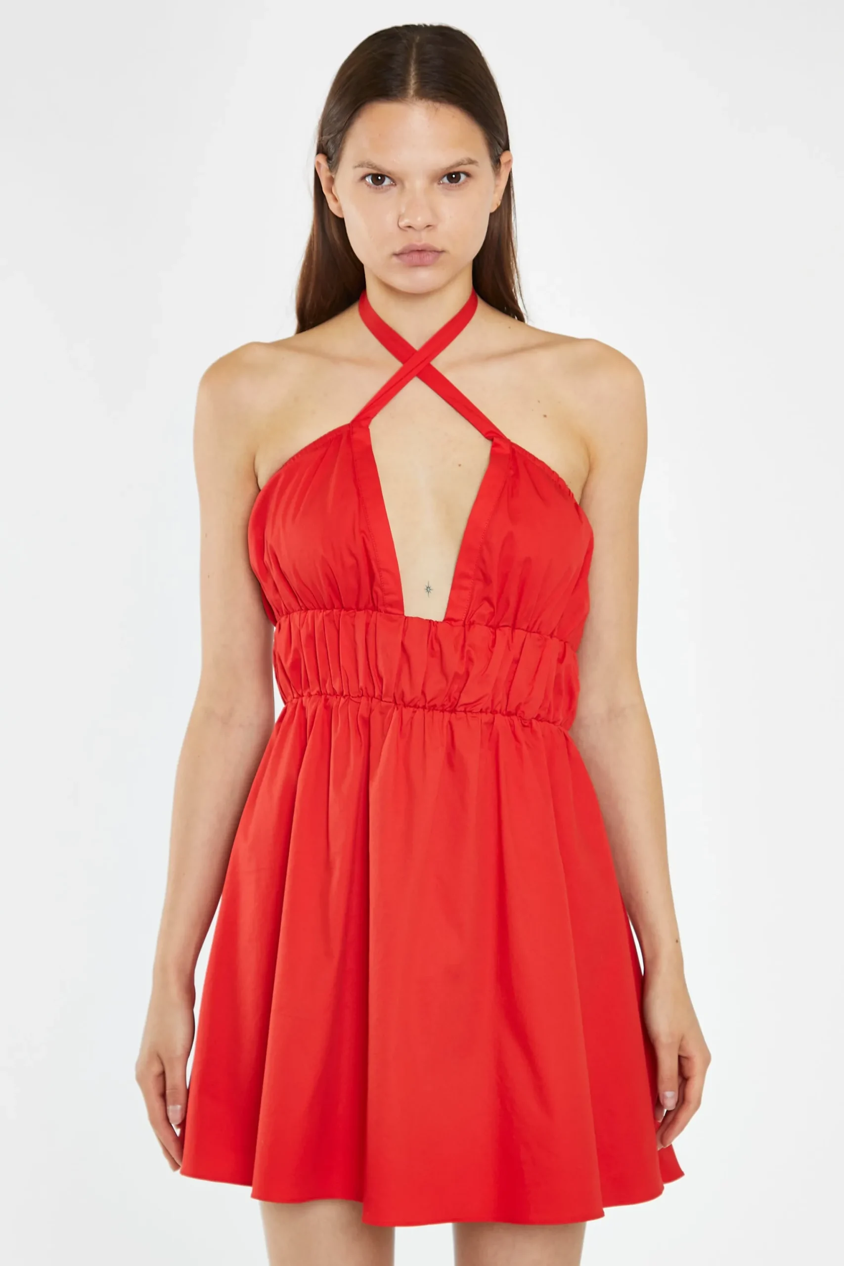 Glamorous Chic Escapes|Day Dresses|Poppy-Red Cross Over Halterneck Mini-Dress -