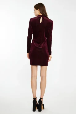 Glamorous Best Dressed Guest|Workwear|Port-Red Velvet-Rib High-Neck Side-Split Mini-Dress -