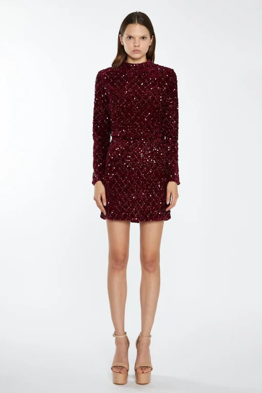 Glamorous Best Dressed Guest|Going Out Tops|Port-Red Velvet-Sequin High Neck -Top -