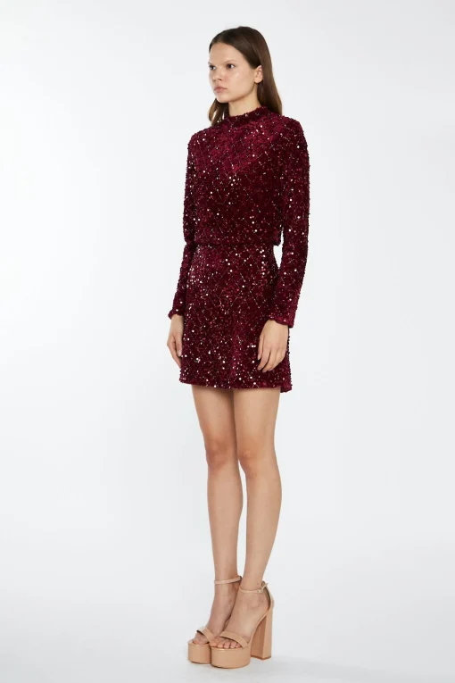 Glamorous Best Dressed Guest|Going Out Tops|Port-Red Velvet-Sequin High Neck -Top -