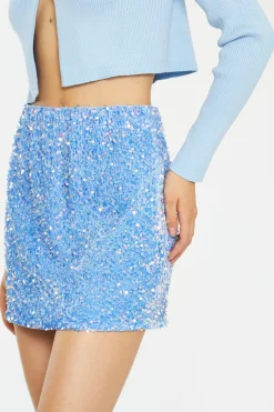 Glamorous Best Dressed Guest|Going Out Skirts|Powder-Blue Velvet-Sequin Bodycon Mini-Skirt -