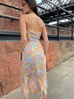 Glamorous Best Dressed Guest|Chic Escapes|Rainbow Swirl Asymmetric Hanky Hem Midi-dress -
