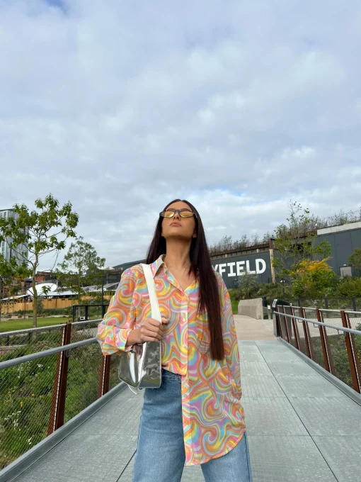 Glamorous Best Dressed Guest|Chic Escapes|Rainbow Swirl Button-Front Long Sleeve -shirt -