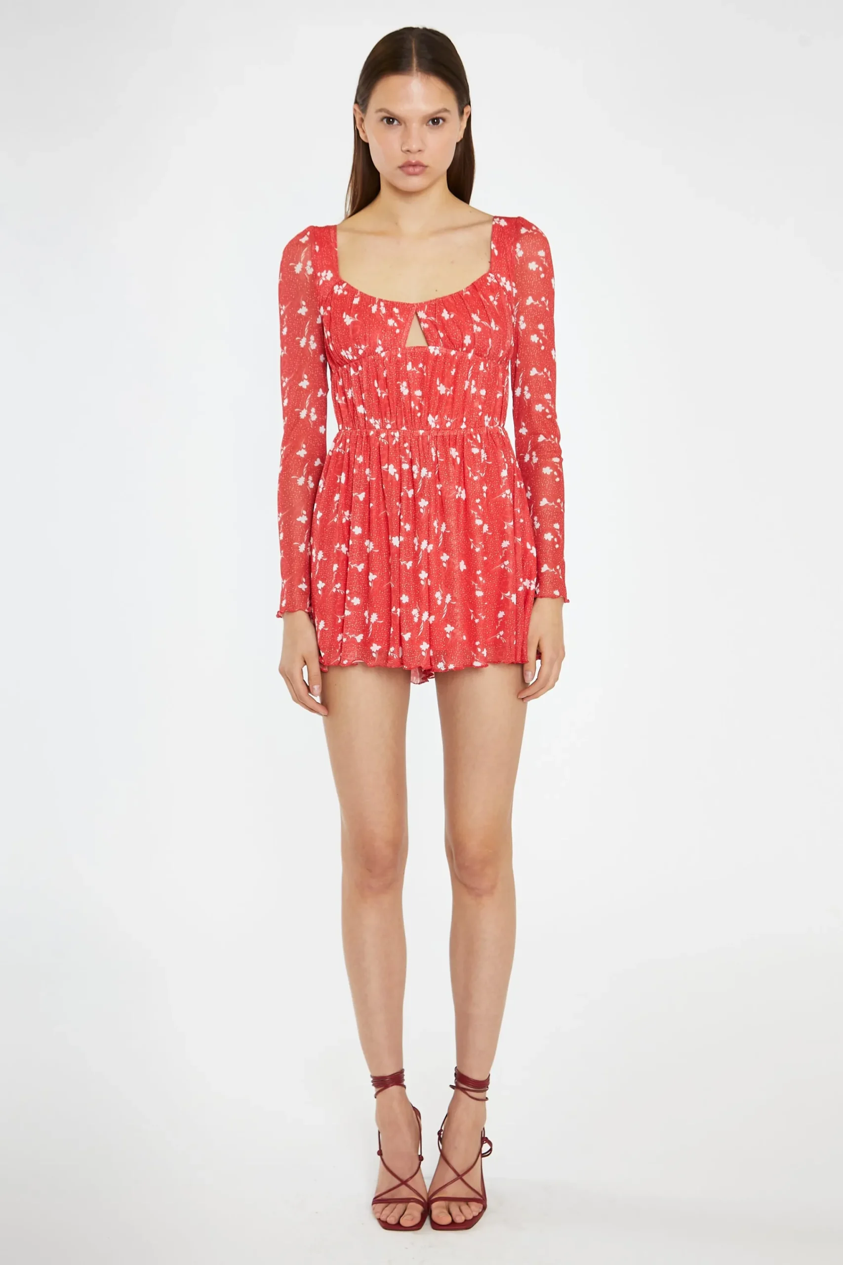 Glamorous Playsuits|Red Vintage-Floral Ruched Long-Sleeve Playsuit -