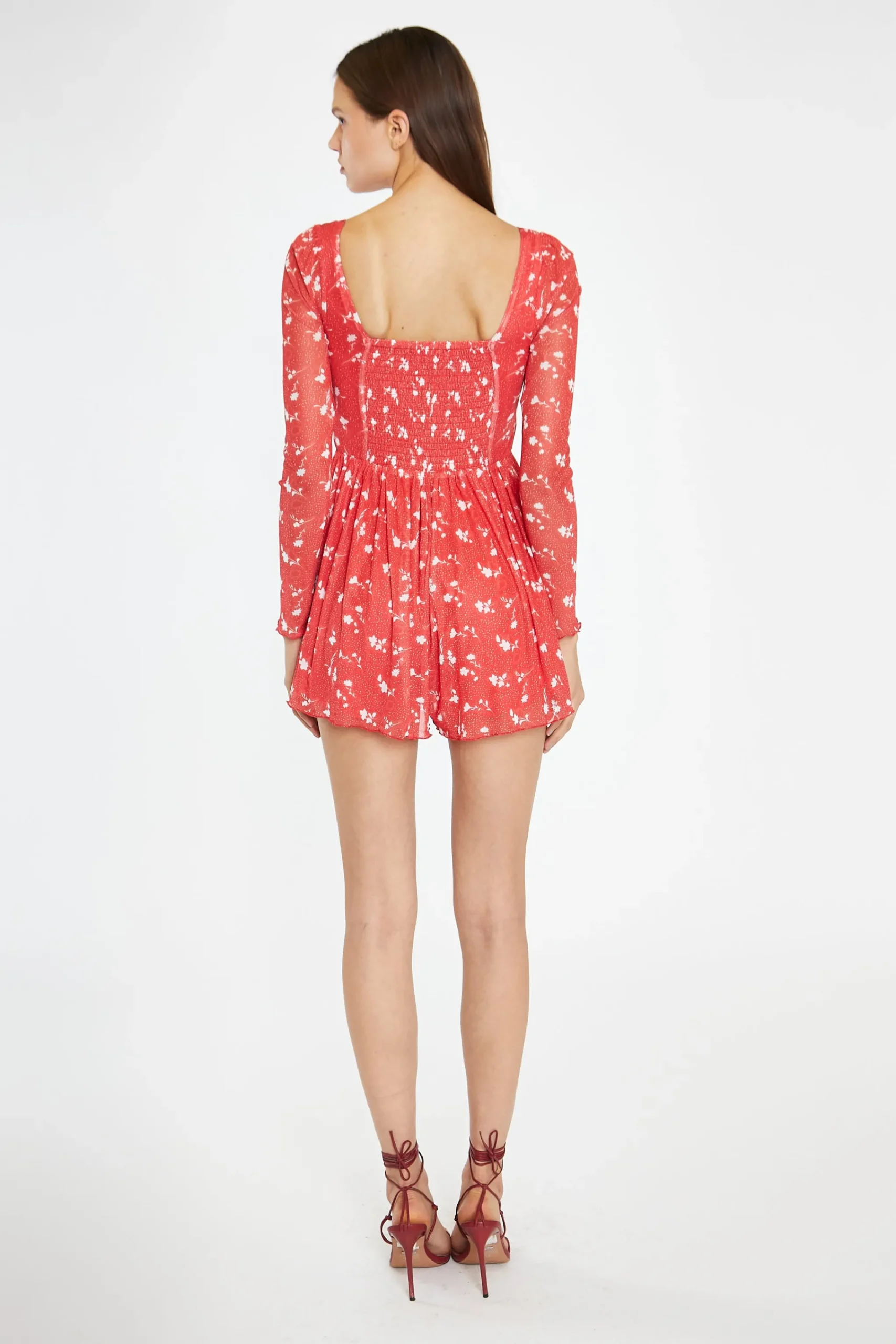 Glamorous Playsuits|Red Vintage-Floral Ruched Long-Sleeve Playsuit -