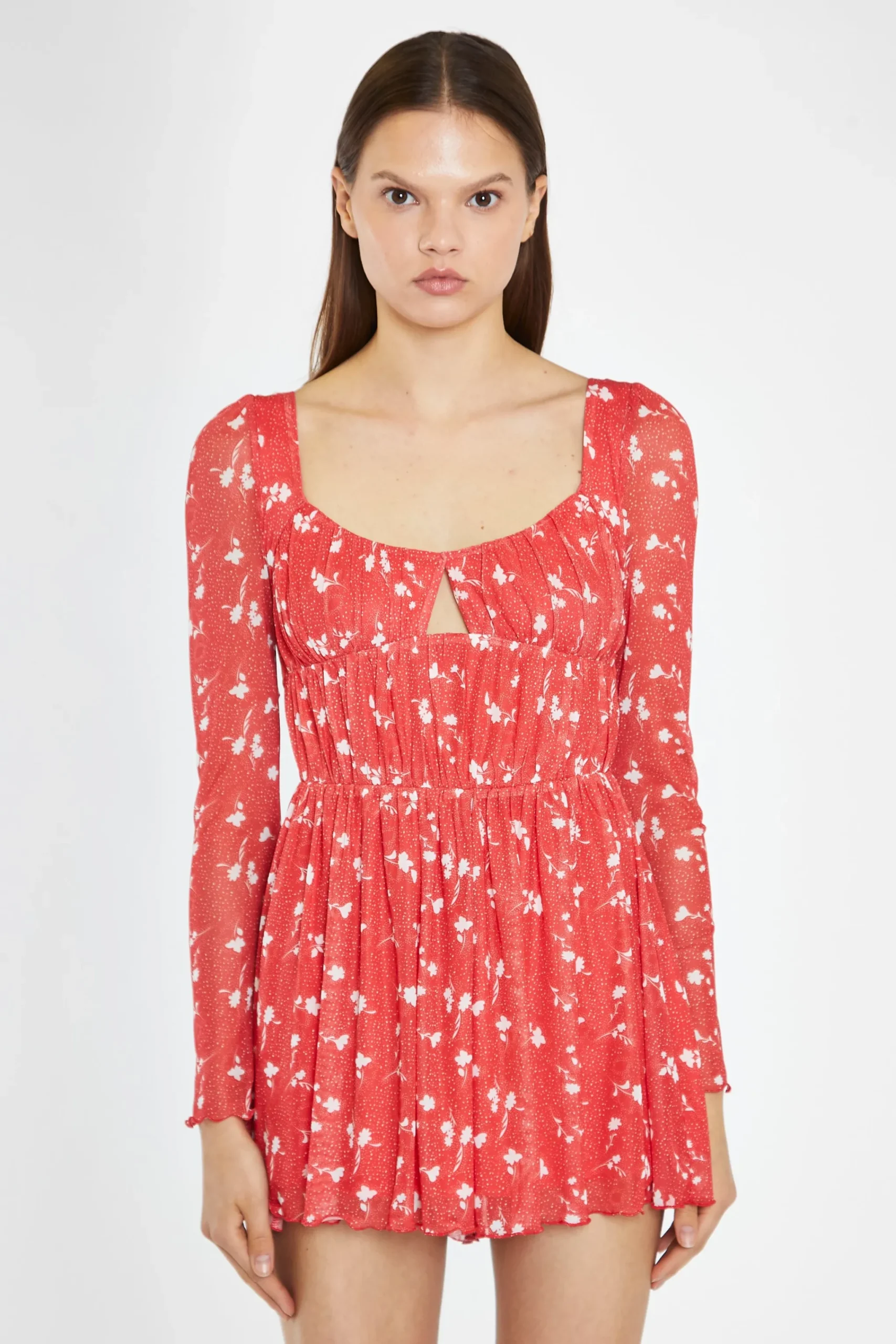 Glamorous Playsuits|Red Vintage-Floral Ruched Long-Sleeve Playsuit -