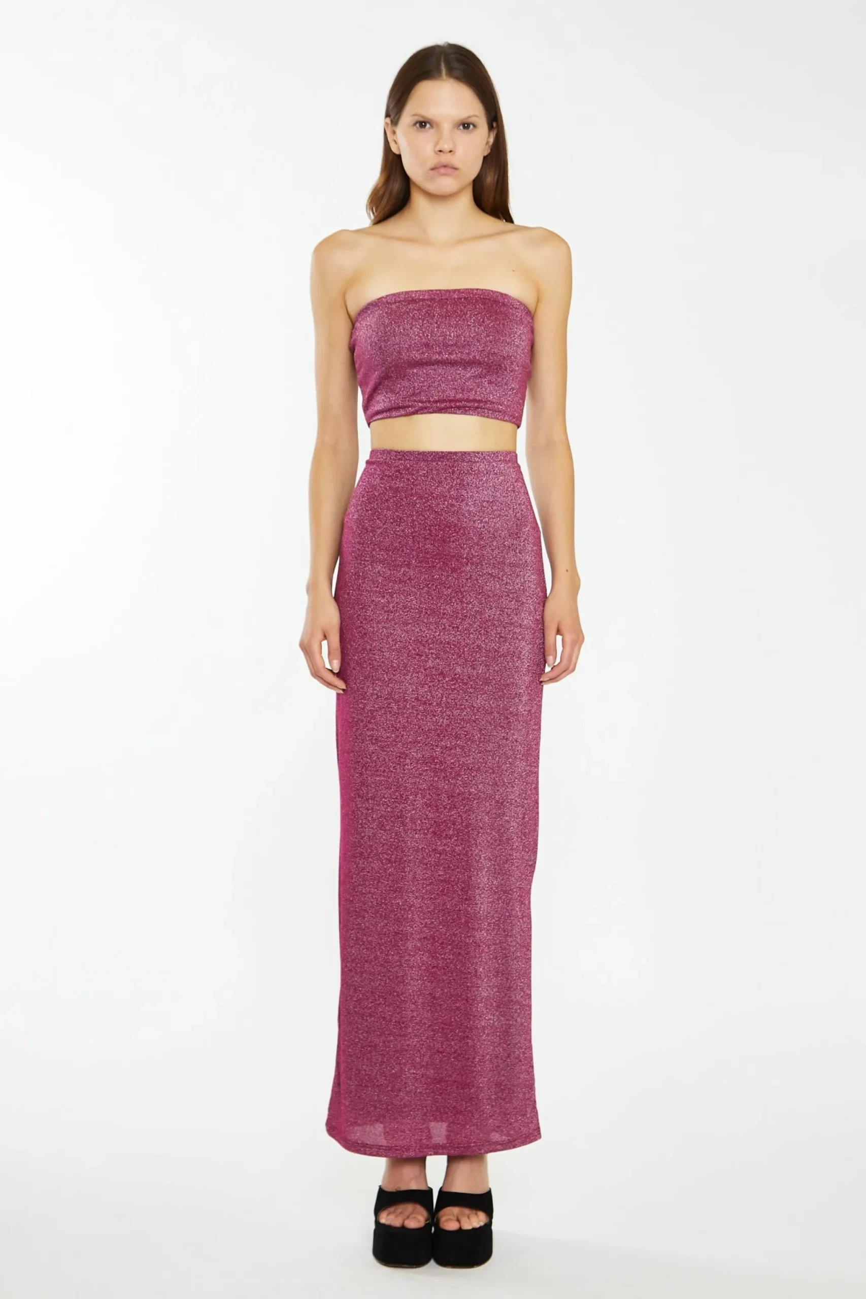 Glamorous Prom|Best Dressed Guest|Red-Plum Glitter Bandeau Crop-Top -