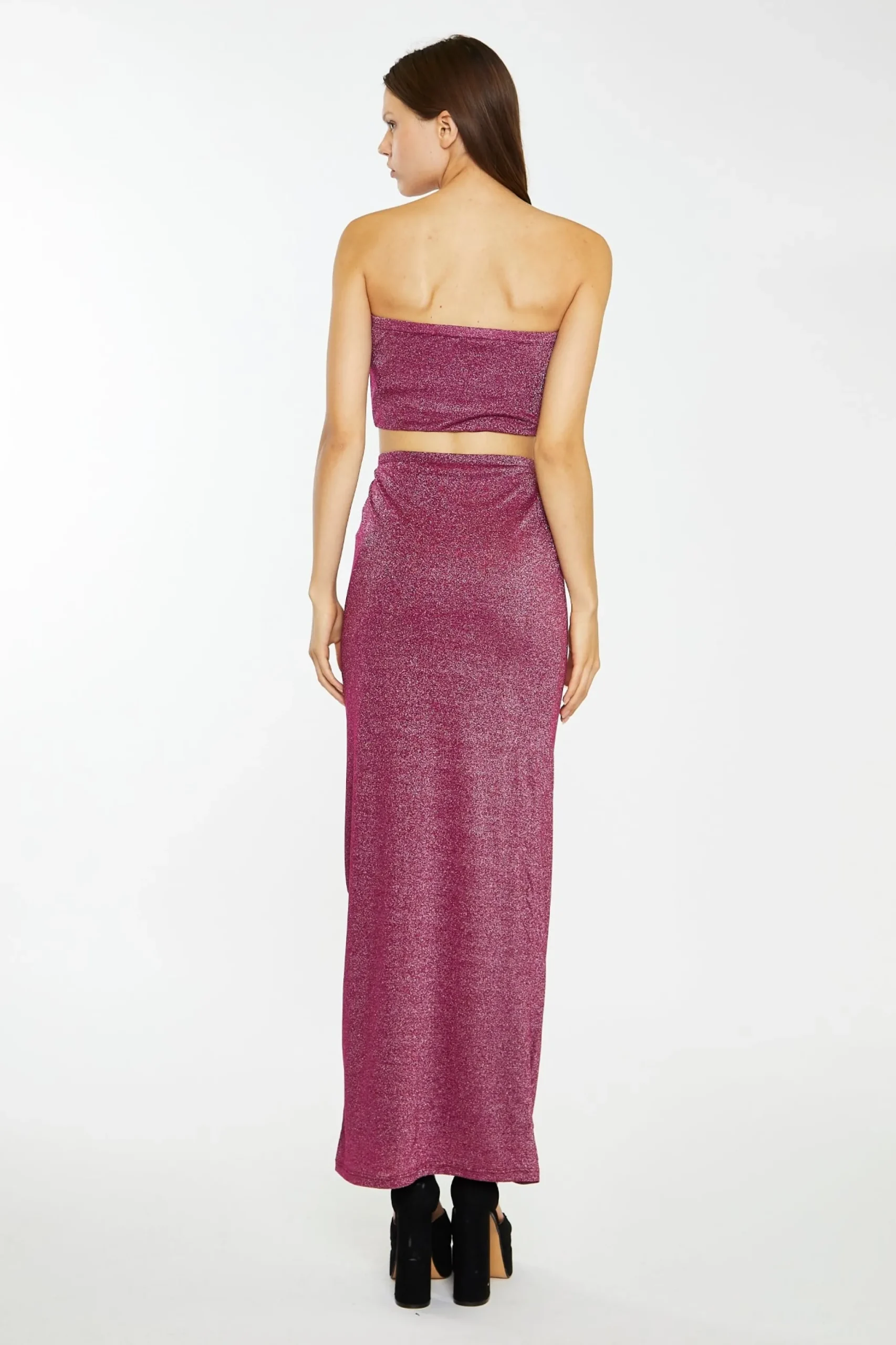 Glamorous Prom|Best Dressed Guest|Red-Plum Glitter Bandeau Crop-Top -