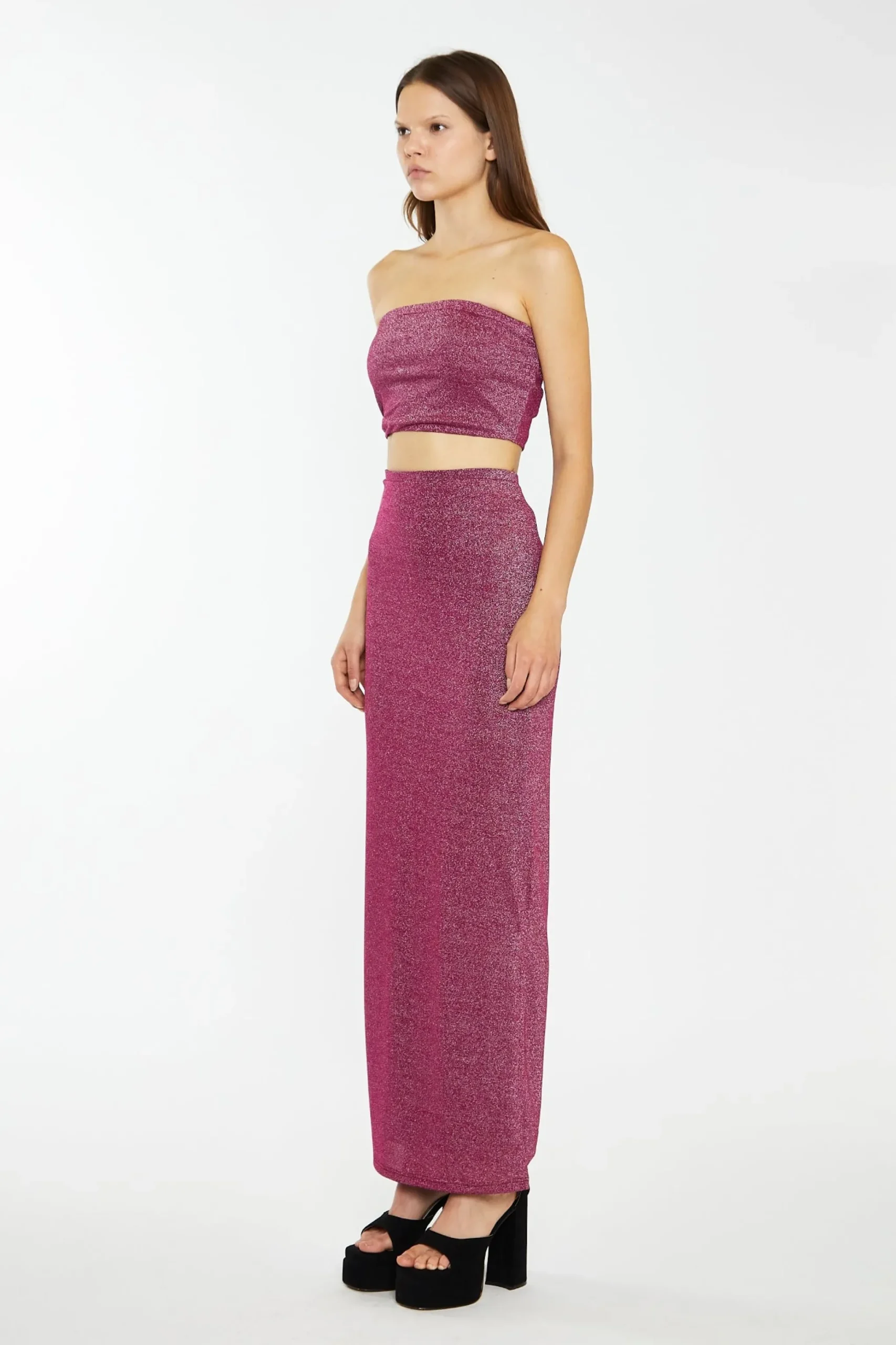 Glamorous Prom|Best Dressed Guest|Red-Plum Glitter Bandeau Crop-Top -