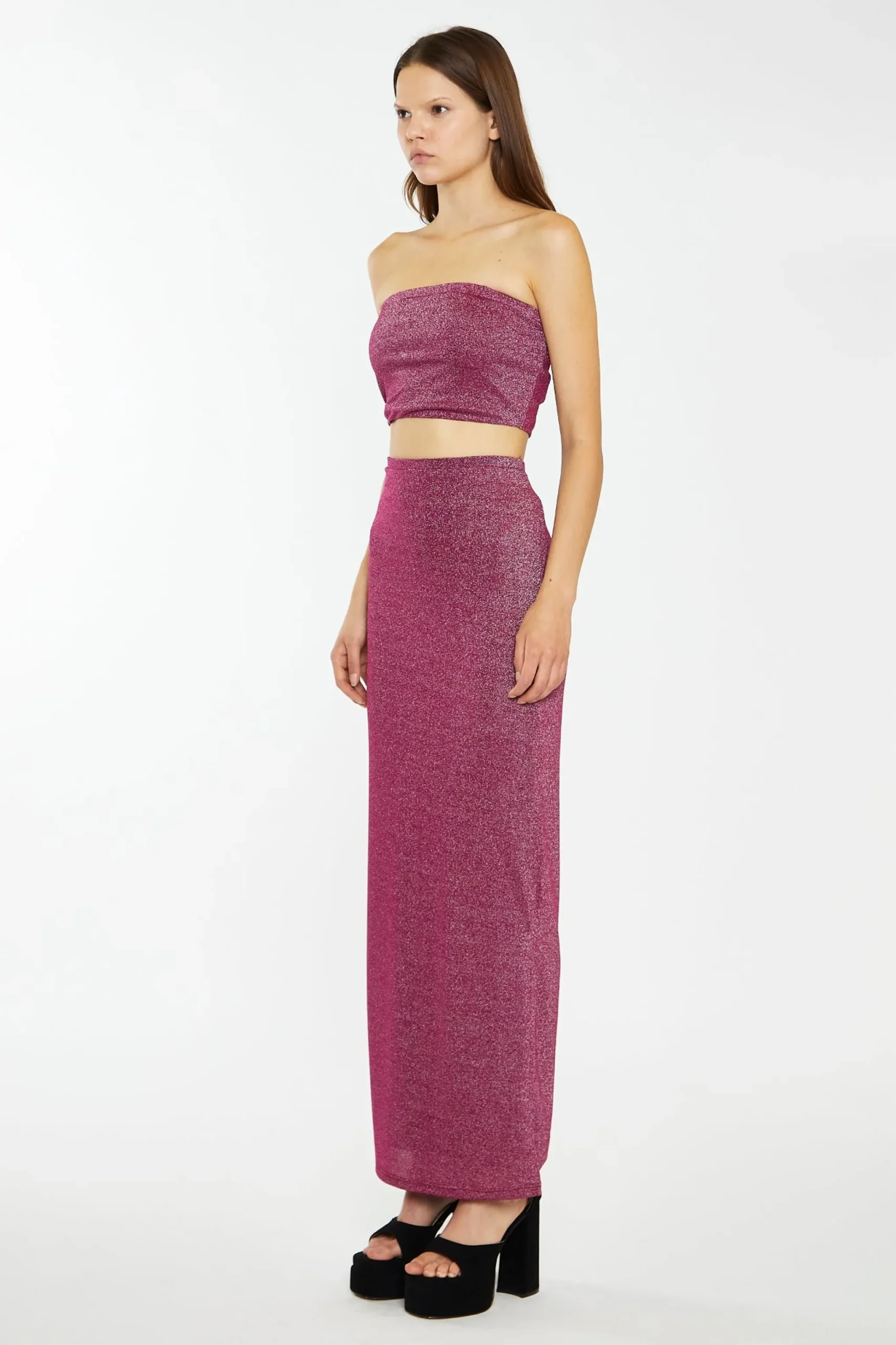 Glamorous Prom|Going Out Skirts|Red-Plum Glitter Straight Maxi-Skirt -
