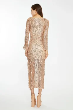Glamorous Best Dressed Guest|Go To Partywear|Rose-Gold Sequin Mesh V-Neck Maxi-Dress -