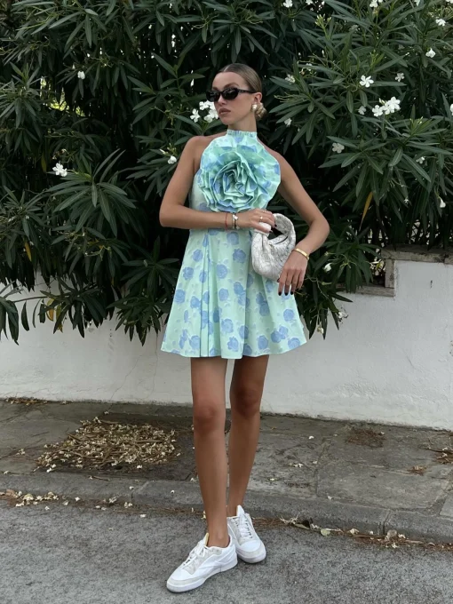Glamorous Dresses|Chic Escapes|Rosie Corsage Skater Mini-Dress -Mint-Blue Floral -