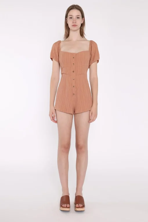 Glamorous Playsuits|Rust-Crinkle Square-Neck Button Down-Playsuit -
