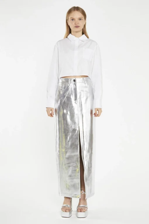 Glamorous Going Out Skirts|Midi & Midaxi Skirts|Silver PU Centre-Split Midi-Skirt -